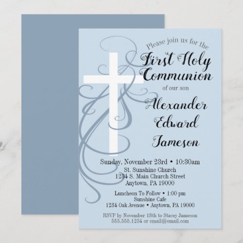 Blue Swirl Cross First Holy Communion Invitation