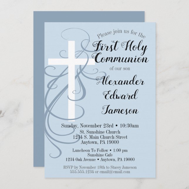 Blue Swirl Cross First Holy Communion Invitation (Front/Back)