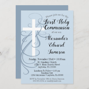 Blue Swirl Cross First Holy Communion Invitation