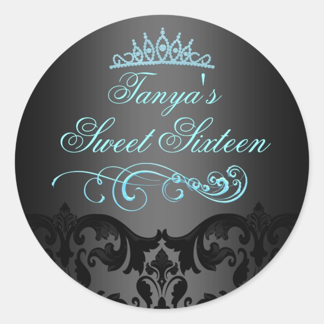 Blue Swirl Damask Sweet 16 Envelope Sticker/seal Classic Round Sticker (Front)