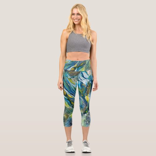 blue swirl high cut capri leggings by Laurie