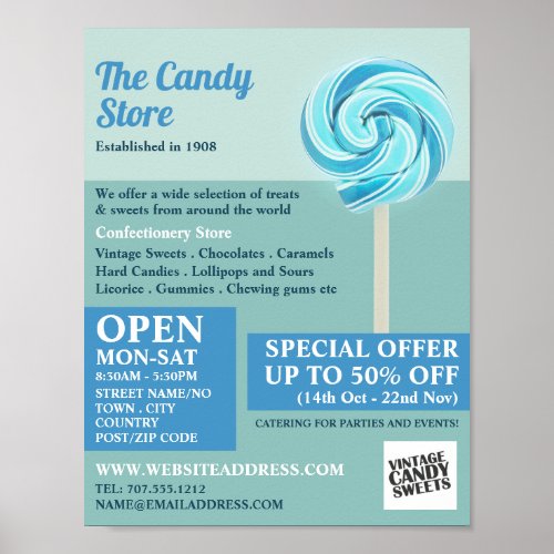 Blue Swirl Lollipop Confectionery Supplies Advert Poster