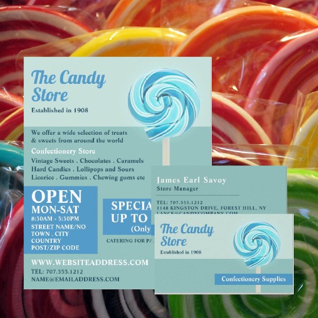 Blue Swirl Lollipop, Confectionery Supplies Business Card (Creator Uploaded)