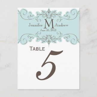 Blue Swirl Monogram Wedding Table Number Cards