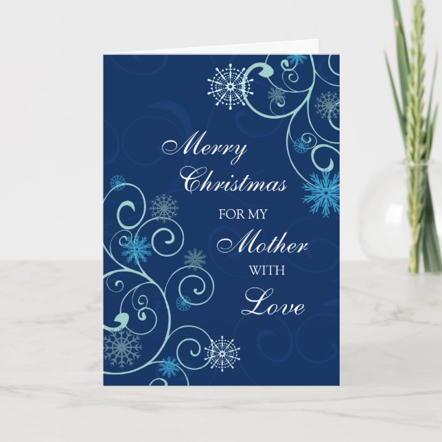 Blue Swirl Mother Merry Christmas Card (Front)