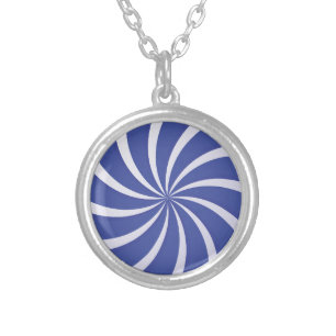 Blue Swirl Radial Burst Silver Pendant Necklace