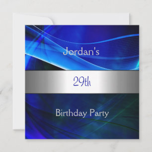 Blue Swirl Silver Trim 29th Birthday Party Invitation