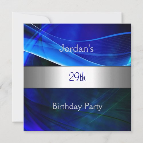 Blue Swirl Silver Trim 29th Birthday Party Personalized Invite