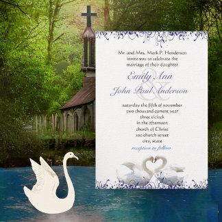 Blue Swirl Swan Love Birds Wedding Invitation