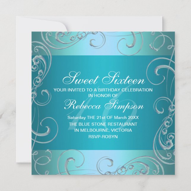 Blue Swirl Sweet Sixteen Birthday Invitation (Front)