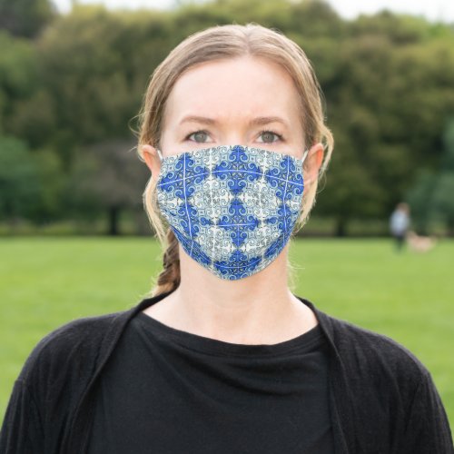 Blue Swirl Tile Inspired by Portuguese Azulejos Adult Cloth Face Mask