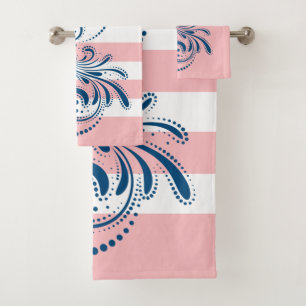 Blue swirl white and pink stripes bath towel set