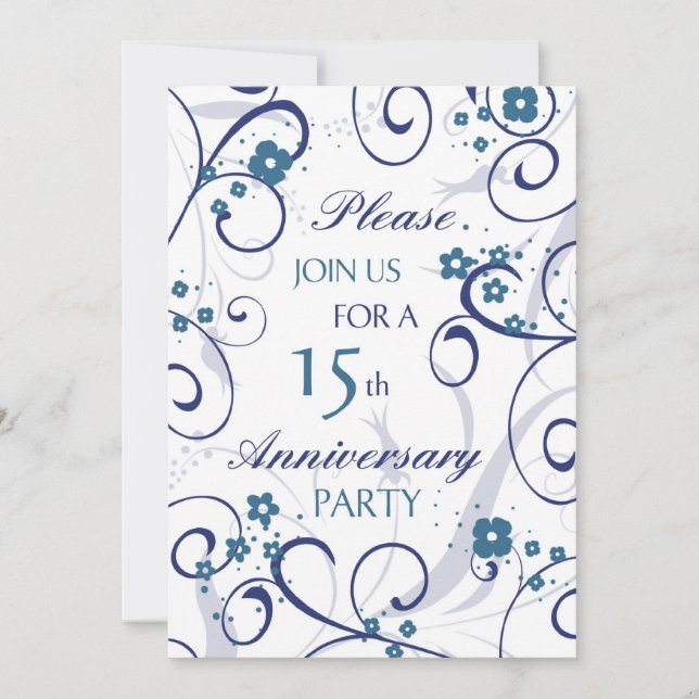 Blue Swirls 15th Anniversary Party Invitation Card (Front)