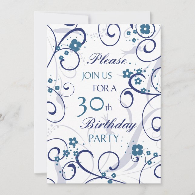 Blue Swirls 30th Birthday Party Invitation Card (Front)