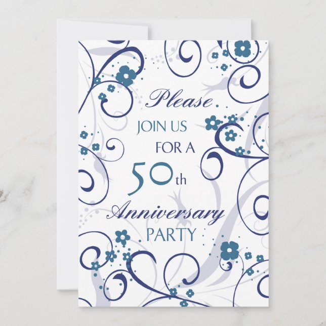 Blue Swirls 50th Anniversary Party Invitation Card (Front)