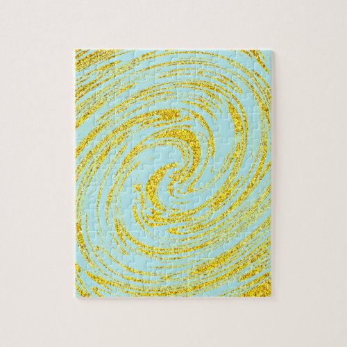 Blue Swirls Abstract Gold Golden Glitter Nautical Jigsaw Puzzle