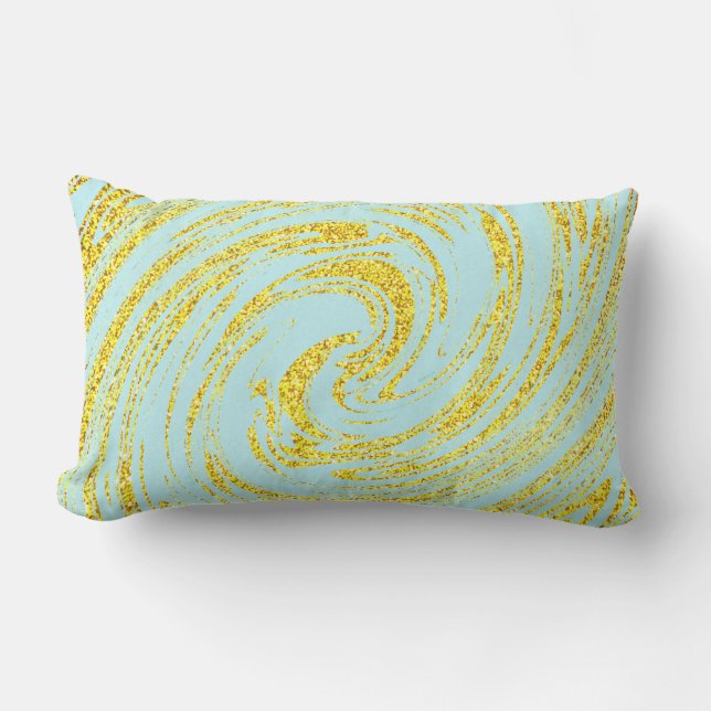 Blue Swirls Abstract Gold Golden Glitter Nautical Lumbar Pillow (Front)