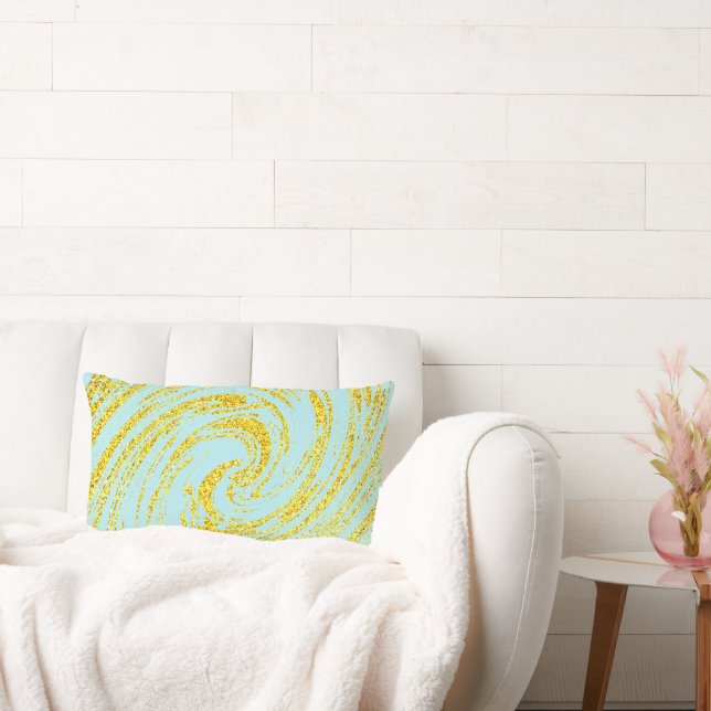 Blue Swirls Abstract Gold Golden Glitter Nautical  Lumbar Pillow (Couch)