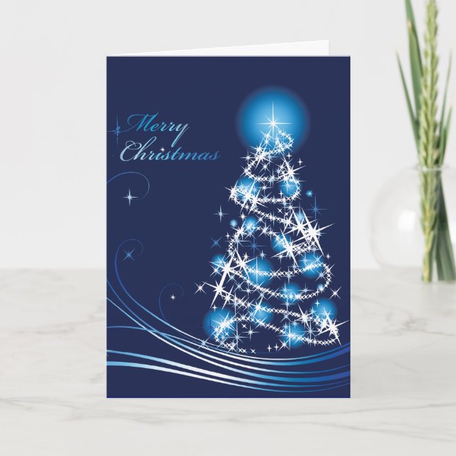 Blue Swirls Christmas Tree Christmas Card (Front)