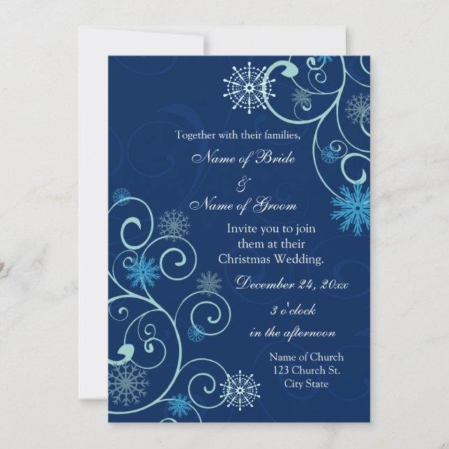 Blue Swirls Christmas Wedding Invitation Cards (Front)