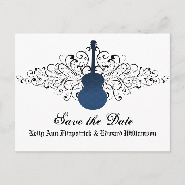 Blue Swirls Guitar Save the Date Postcard (Front)