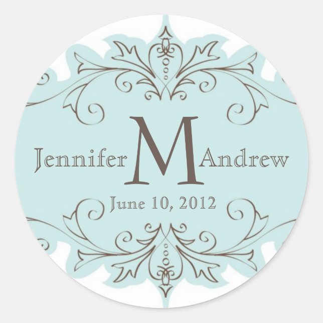 Blue Swirls Monogram Wedding Favour Stickers (Front)