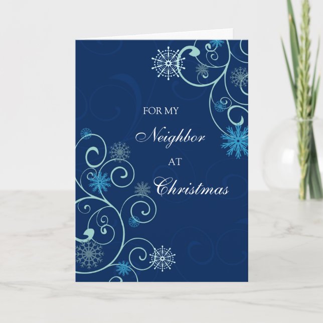 Blue Swirls Neighbor Merry Christmas Card (Front)