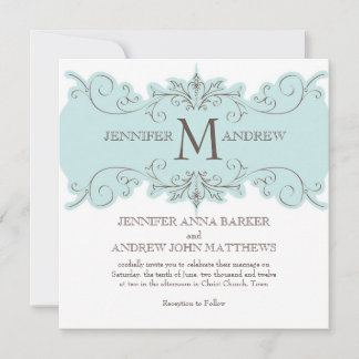 Blue Swirls Wedding Invitation with Monogram