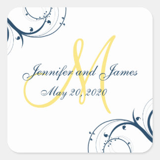 Blue Swirls Yellow Monogram Wedding Square Sticker