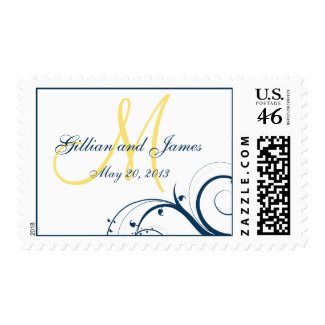 Blue Swirls Yellow Monogram Wedding Stamp