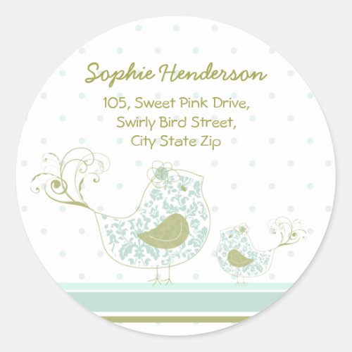 Blue Swirly Mom  Baby Bird Address Label Sticker