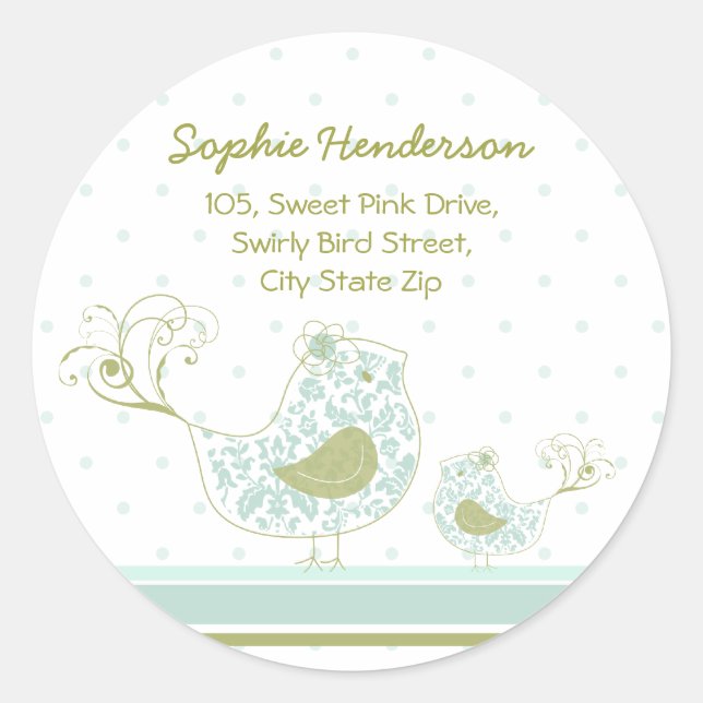 Blue Swirly Mom & Baby Bird Address Label Sticker (Front)