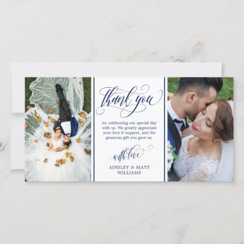 Blue Swirly Script Two Wedding Photos Thank You