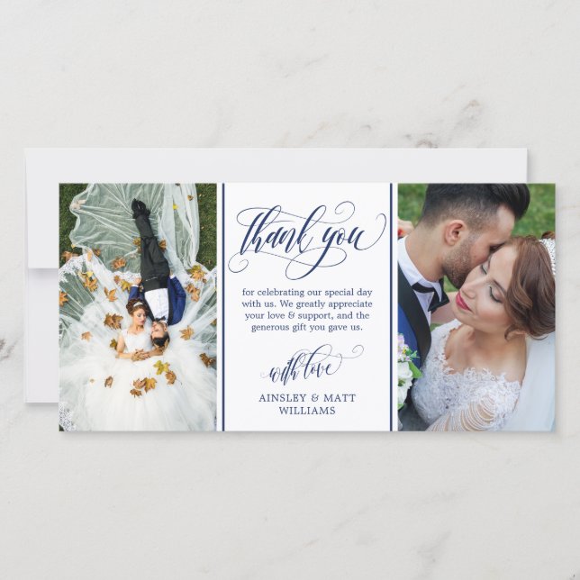 Blue Swirly Script Two Wedding Photos Thank You Card (Front)