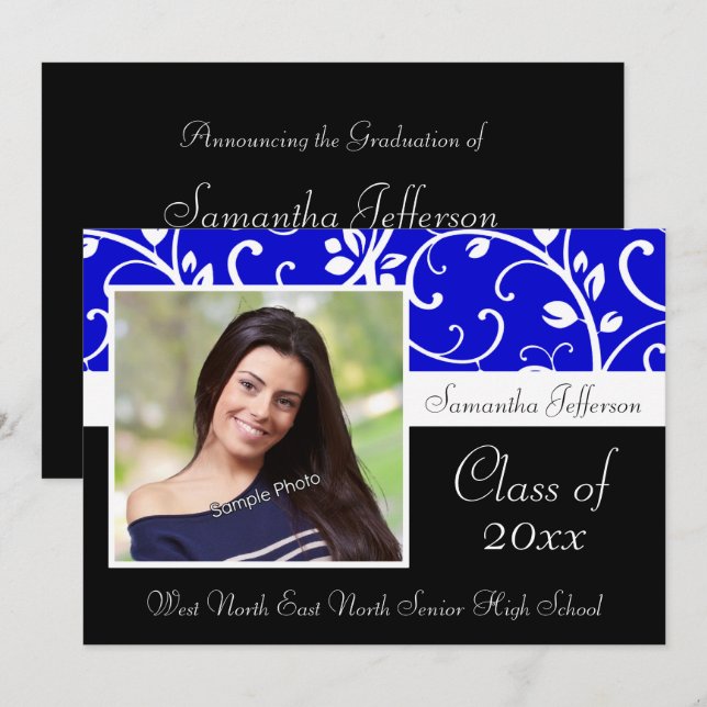 Blue Swirly Vine Photo Graduation Announcement (Front/Back)