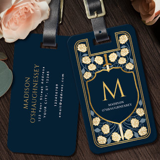 Blue Sword Shield Medieval Fantasy Monogram Luggage Tag