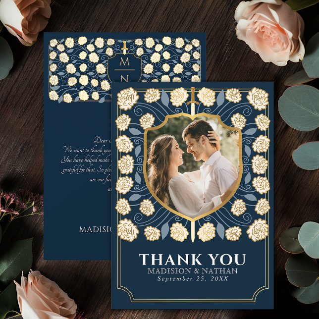 Blue Sword & Shield Medieval Fantasy Wedding Thank You Card (Creator Uploaded)