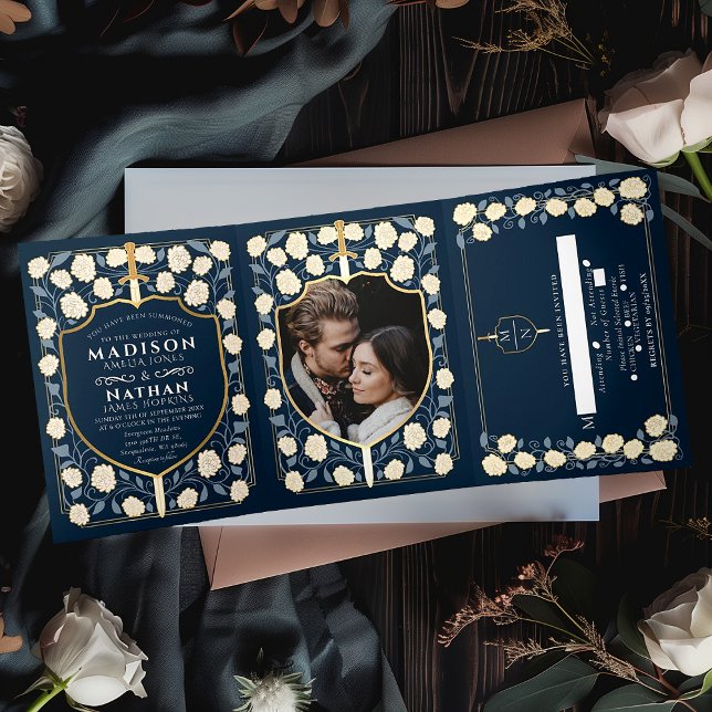 Blue Sword & Shield Medieval Fantasy Wedding Tri-Fold Invitation (Creator Uploaded)