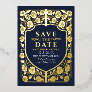 Blue Sword Shield Medieval Monogram Save the Date Foil Invitation