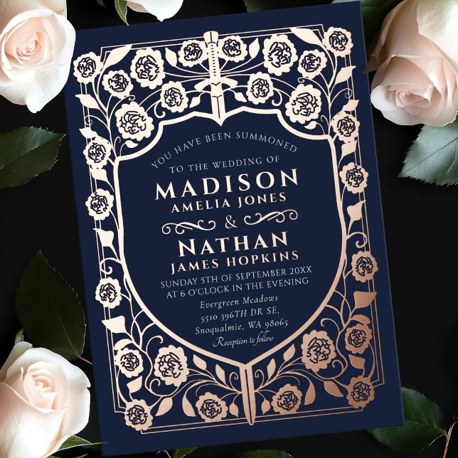 Blue Sword Shield Medieval Monogram Wedding Foil Invitation (Creator Uploaded)