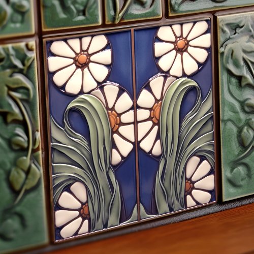 Blue Symmetrical Marguerite Daisies Artistic Ceramic Tile