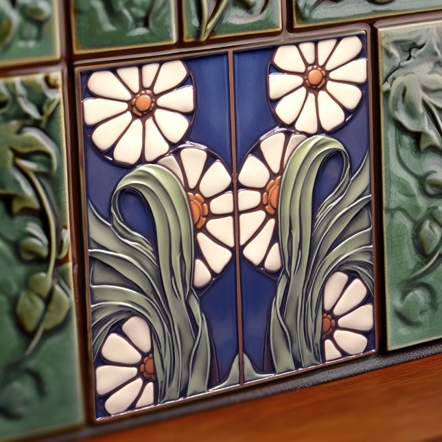 Blue Symmetrical Marguerite Daisies Artistic Ceramic Tile (Creator Uploaded)
