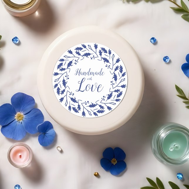 Blue Tag for Handmade Articles (Blue Leaves & Branches Wreath Handmade with Love Quote Design for Crafters Round Stickers.)