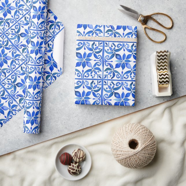 Blue Talavera Azul vintage Mexican Spanish tiles  Wrapping Paper (Crafts)