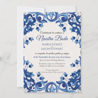 Blue Talavera Majolica Floral Boda Spanish Wedding Invitation