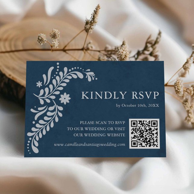 Blue Talavera Mexican QR Code RSVP Card (Blue Talavera Mexican Wedding RSVP card)