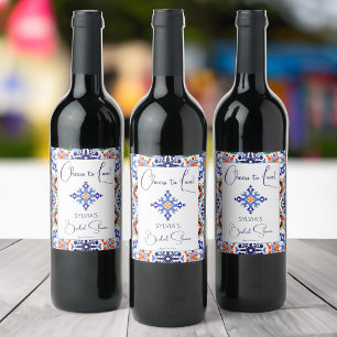 Blue talavera Mexican tiles printed template Wine Label