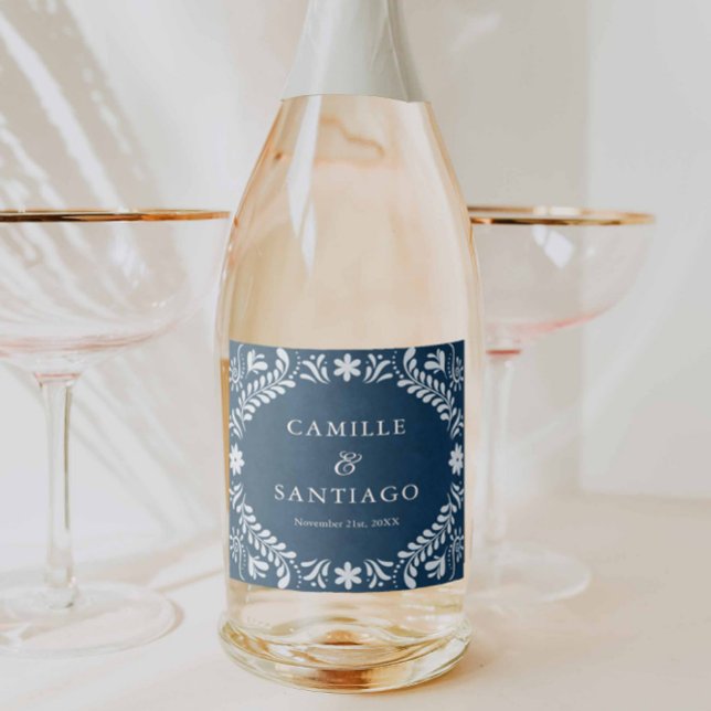 Blue Talavera Mexican Wedding Sparkling Wine Label (Blue Talavera Mexican Wedding Champagne Label)