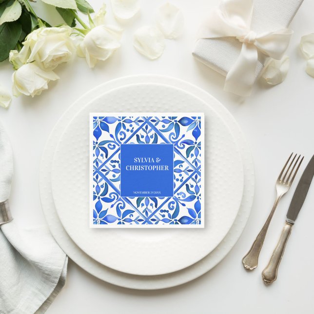 Blue Talavera Spanish tiles all in one wedding Napkins (Blue Talavera Spanish tiles personalized monogram printed wedding Napkins template table decor)