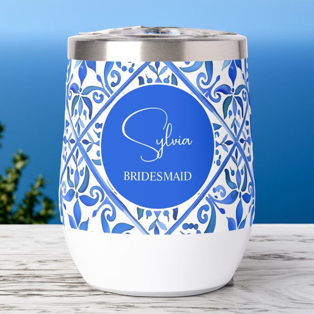 Blue Talavera Spanish tiles bridesmaids gifts Thermal Wine Tumbler (Blue Talavera Spanish Azulejo tiles bridesmaids gifts personalized monogram Thermal Wine Tumbler)